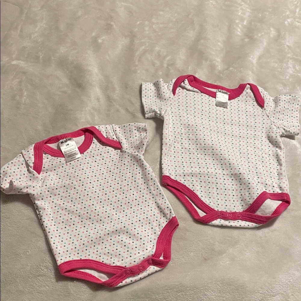 2 Pink and White Polka Dot Onesies